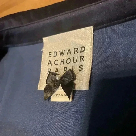 Edward Achour Paris Satin Button Up Shirt 44 Blouse Patch Pocket Metallic Button - Picture 8 of 10